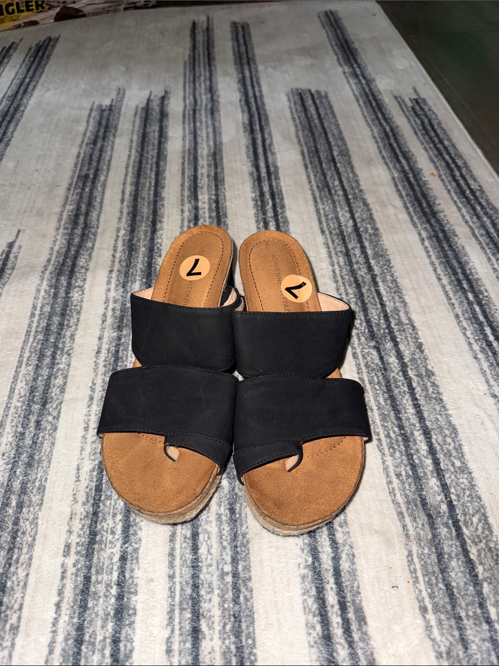 Adrienne Vittadini Black Slide Sandals with Tan Footbed